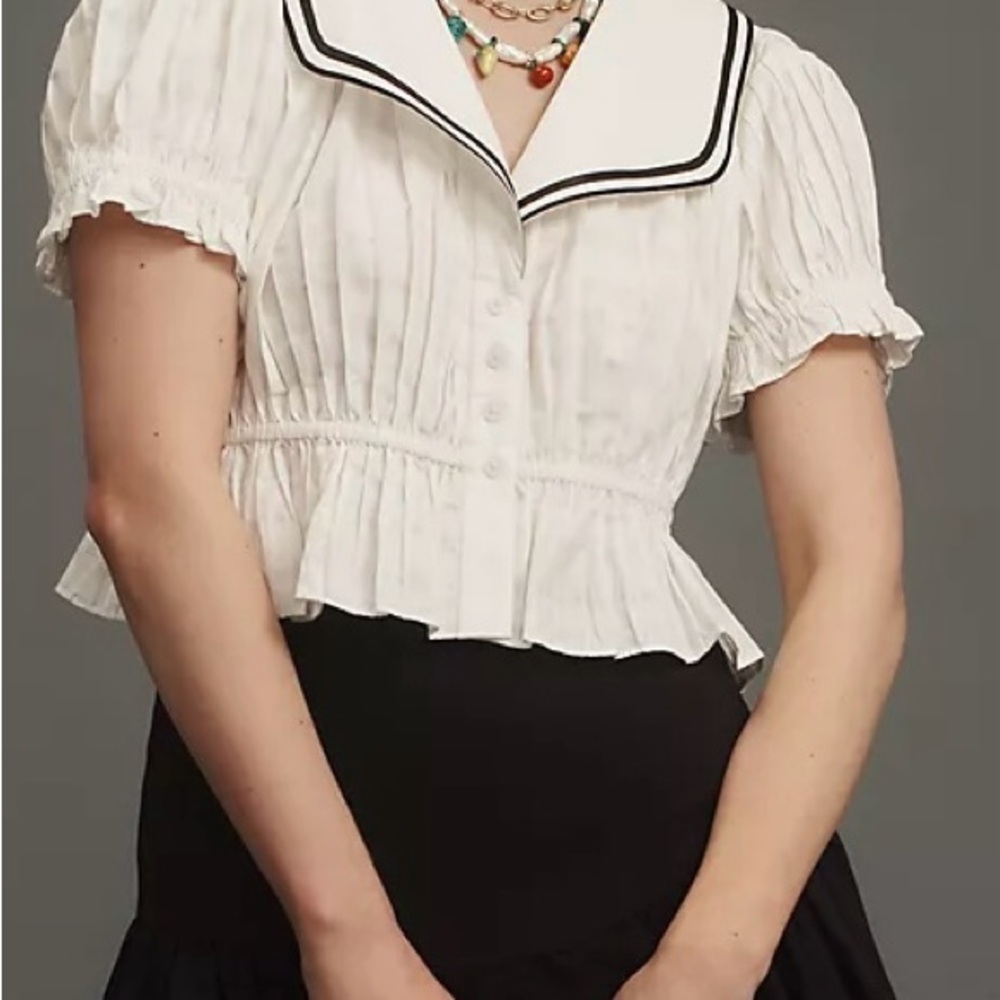 Anthropologie Maeve Pleated Sailor Collar Crop Button-Front Top Size M